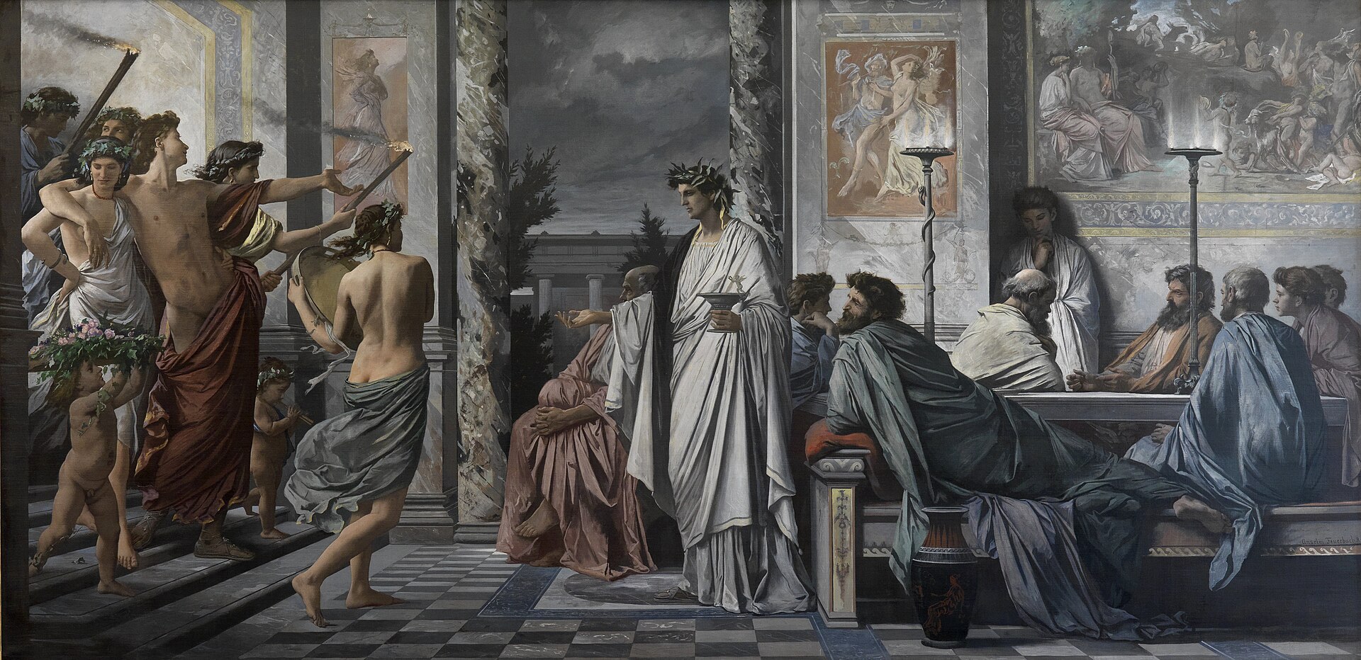 O Banquete de Platão, pintura de Anselm Feuerbach (1869), mostrando os participantes do diálogo filosófico na casa do poeta Agatão