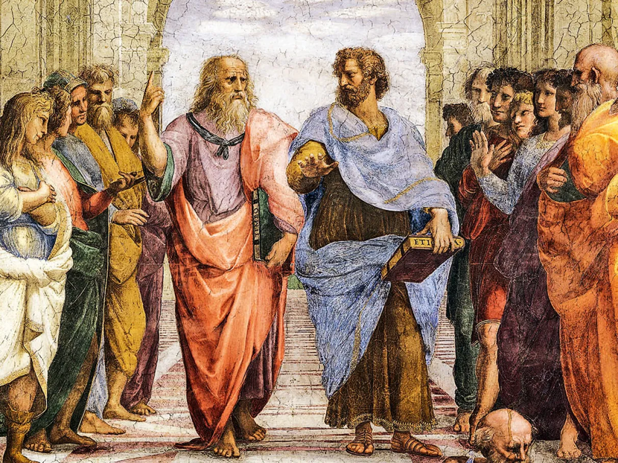 Detalhe da Escola de Atenas de Raffaello mostrando Platão com o dedo apontado para cima, representando o mundo das Formas